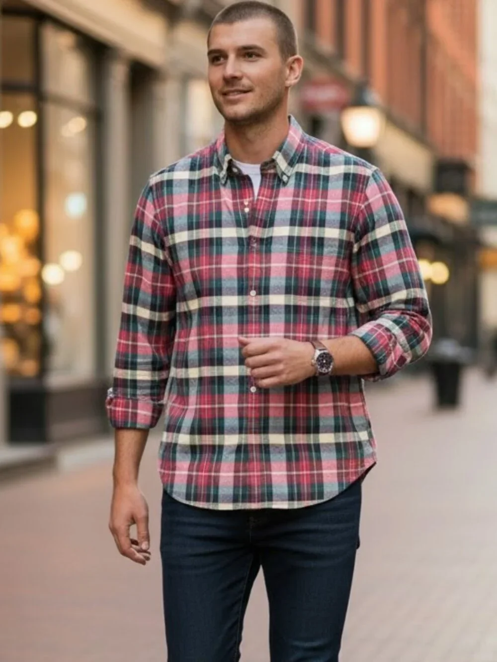 J.Crew Oxford Plaid Button Down Shirt Men's Tartan Red Green Cotton sz L